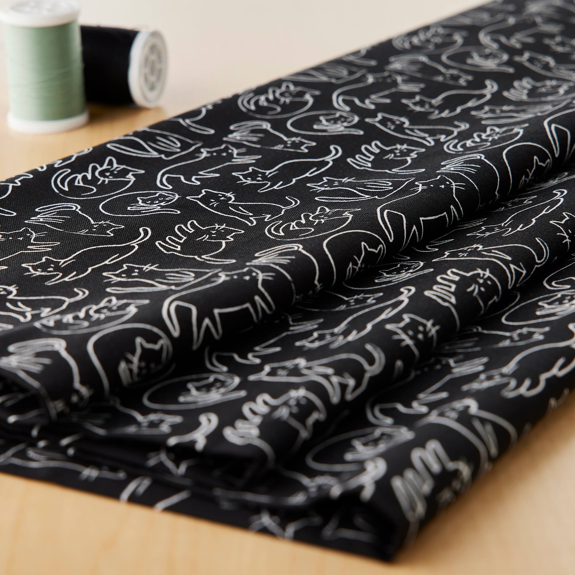 Eugene Textiles "Meow" by Sara B. Black Felines Cotton Fabric